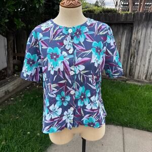 Appleseed's Blue Floral Button Up Blouse Crinkle Top Women's Size Medium